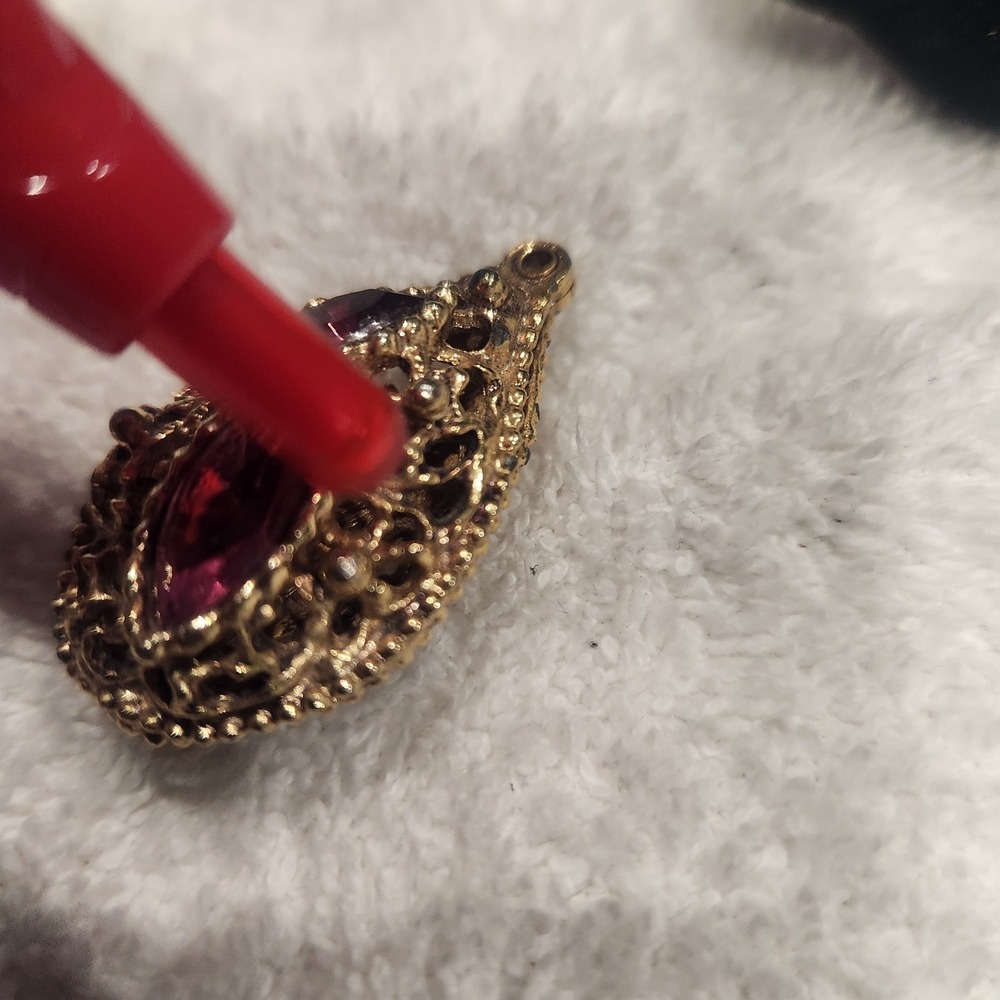 Vintage Gold Tone Filigree Teardrop Pendant Pink Purple Marquise Rhinestone - Picture 11 of 13